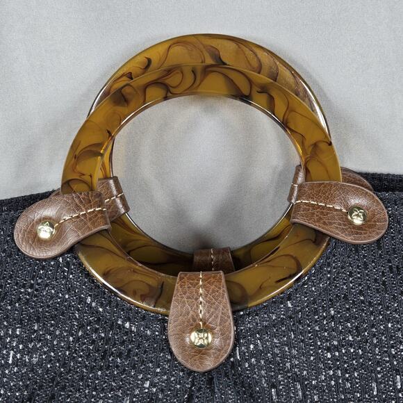 Relic by Fossil Ring Handle Tote Black Woven Bag Brown Trim Tortoise Acrylic - Picture 3 of 12